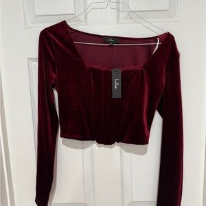 Lulu's Burgundy Velvet Long Sleeve Crop Top NWT size L